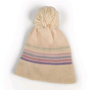 Vintage Meister Beanie Wool Striped Pom Pom Ski Cap Hat Beige Pink Winter